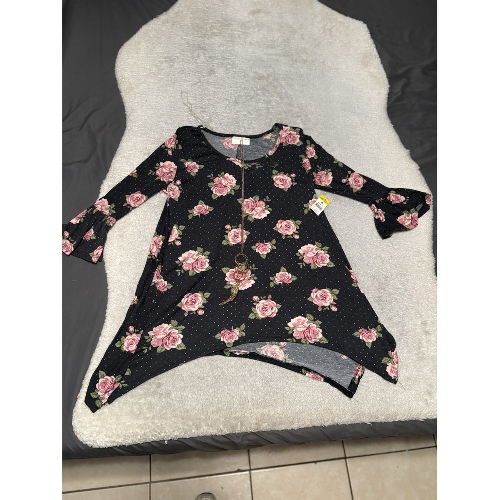 Bobbie Brooks Large Top Black Pink Rose Polka Dot Sharkbite Hem Tunic NWT
